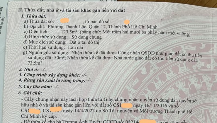 Bán đất MT Hà Huy Giáp Q12, 123.5m2, nở hậu mỏng, dài 30.86m, Đường 10m giá 9.x tỷ